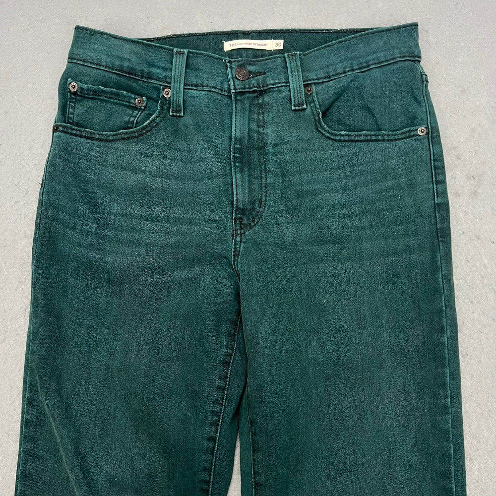 Levis 724 High Rise Straight Jeans Womens 30 Raw Hem Stretch Denim RARE GREEN